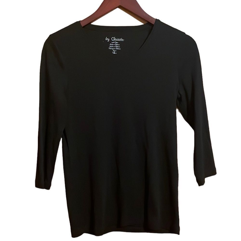 •CHICOS•NWT BLACK V-NECK 3/4 SLEEVE TOP SIZE 0